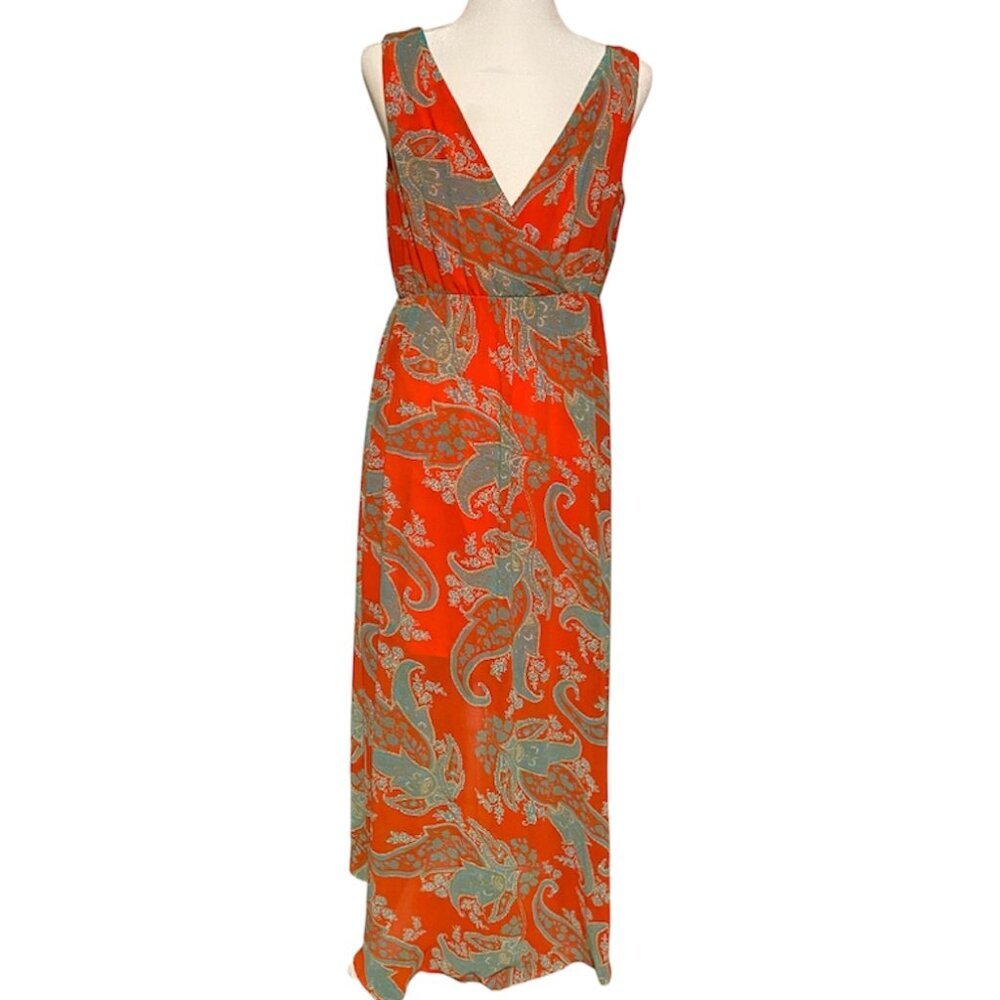 Kut From the Cloth Orange Paisley Sleeveless V Neck Maxi Dress‎ Summer Boho Med - Picture 2 of 11